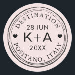 Custom Colour and Text Airmail Stamp on a Sticker<br><div class="desc">Personalise this retro airmail or passport stamp design favour label or envelope seal with names, wedding date and destination for some travel themed flair! Background and text colours can be changed to match your invitations and decor. DESIGNER RECOMMENDATION: Add to your passport invitations or boarding pass save the date envelopes!...</div>