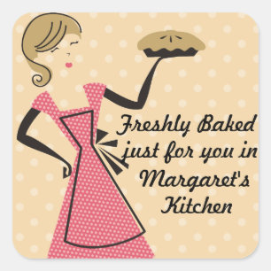 custom colour bakery retro baking pie girl square sticker