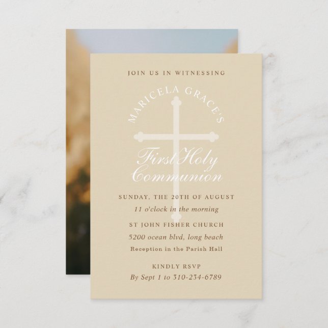 Custom Colour Beige Cross First Communion Invitation (Front/Back)