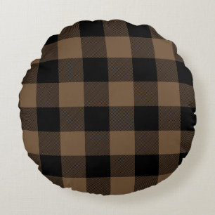 Custom Colour Black and Brown Buffalo Check Plaid Round Cushion