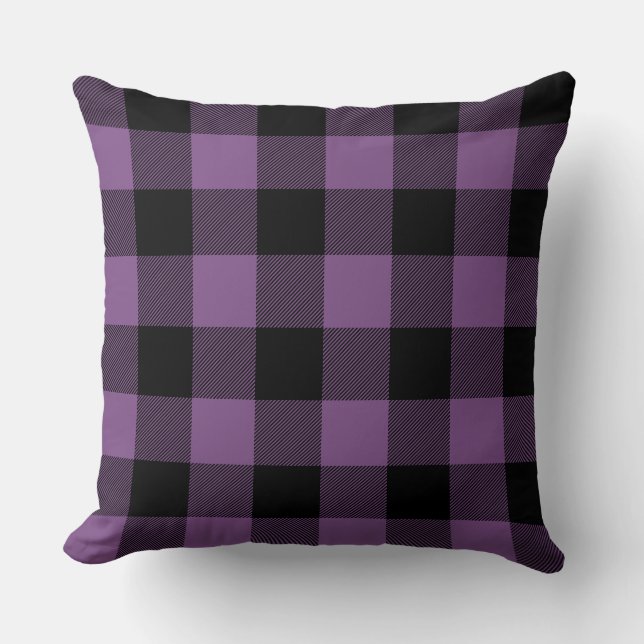 Custom Colour Black and Purple Buffalo Check Plaid Cushion (Front)