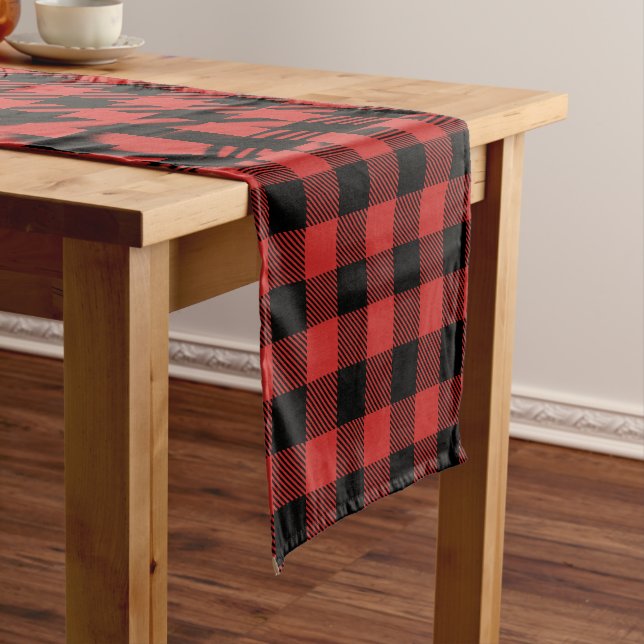 Custom Colour Black Red Buffalo Plaid Pattern Short Table Runner (In Situ)