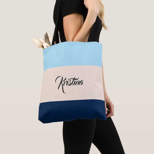 Custom Colour Block Light blue Beige & Navy Blue Tote Bag (Close Up)
