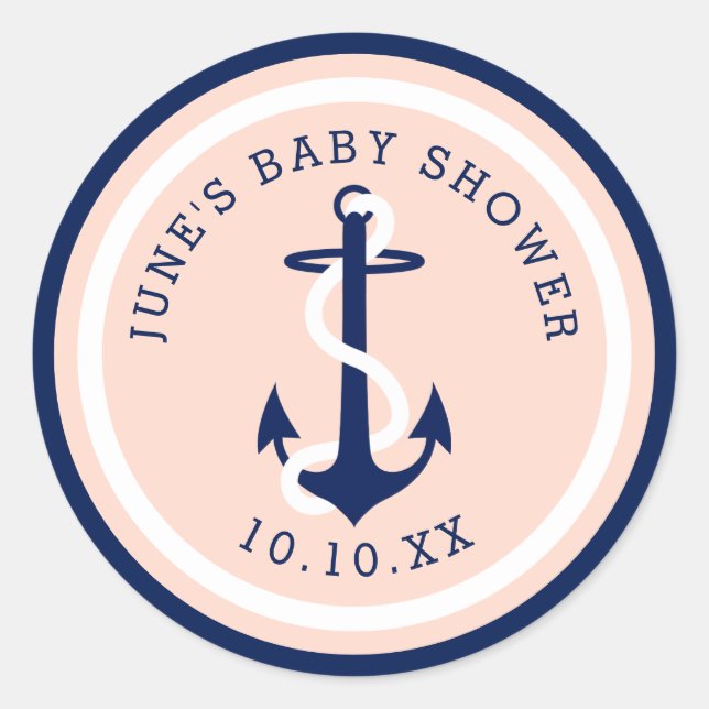 Custom Colour Blush Navy Nautical Anchor Classic Round Sticker (Front)