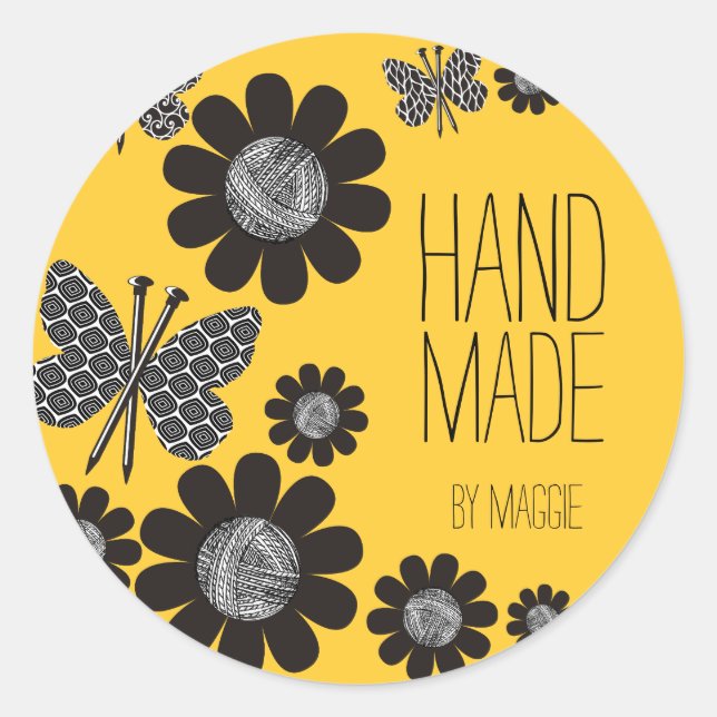 Custom colour butterfly knitting needles yarn flow classic round sticker (Front)