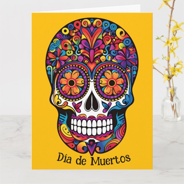 Custom colour colourful sugar skull  Día de Muerto Card (Yellow Flower)