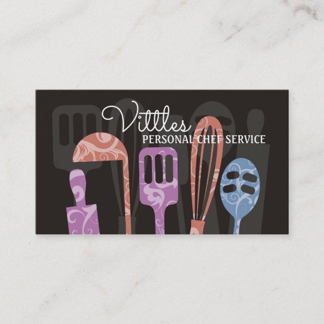 Custom colour cooking utensils chef catering business card (Front)