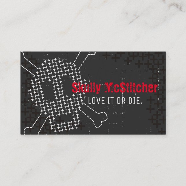 Custom colour cross stitch embroidery skull bones business card (Front)