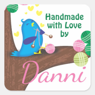 Custom colour cute blue bird knitting needles yarn square sticker
