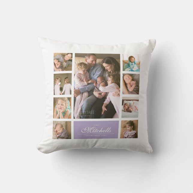 Custom Colour Elegant Script Family Photo Collage Cushion (Front)