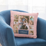Custom Colour Elegant Script Family Photo Collage Cushion<br><div class="desc">Photo collage pillow with 9 photos arranged in a grid layout on the front and back making it 18 photos in total that you can replace with you own photos featuring your family name in an elegant script. This versatile pillow design also has editable colours. You can change the background...</div>
