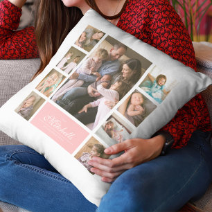 Custom Colour Elegant Script Family Photo Collage Cushion
