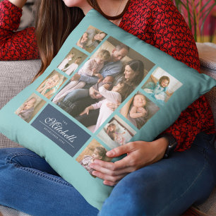 Custom Colour Elegant Script Family Photo Collage Cushion
