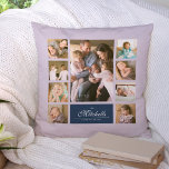 Custom Colour Elegant Script Family Photo Collage Cushion<br><div class="desc">Photo collage pillow with 9 photos arranged in a grid layout on the front and back making it 18 photos in total that you can replace with you own photos featuring your family name in an elegant script. This versatile pillow design also has editable colours. You can change the background...</div>