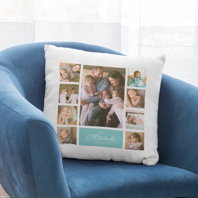 Custom Colour Elegant Script Family Photo Collage Cushion (Creator Uploaded)