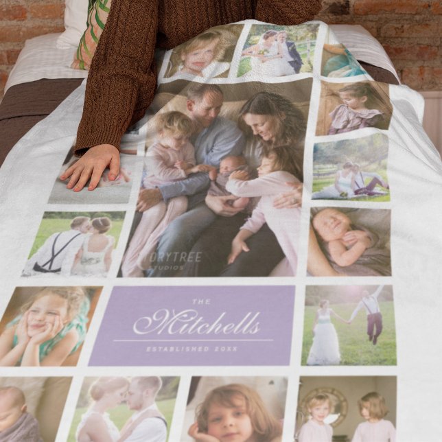 Custom Colour Elegant Script Family Photo Collage Fleece Blanket (Creator Uploaded)