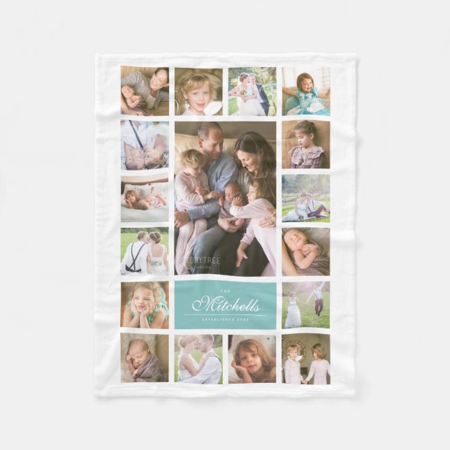 Custom Colour Elegant Script Family Photo Collage Fleece Blanket (Front)