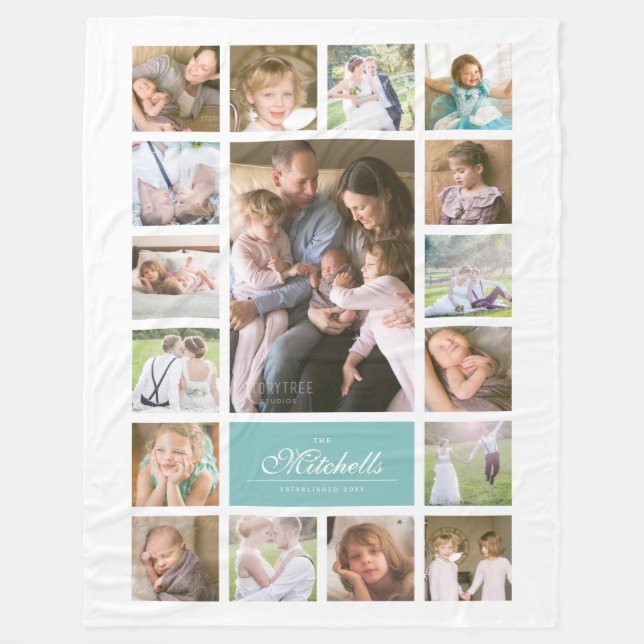 Custom Colour Elegant Script Family Photo Collage Fleece Blanket (Front)