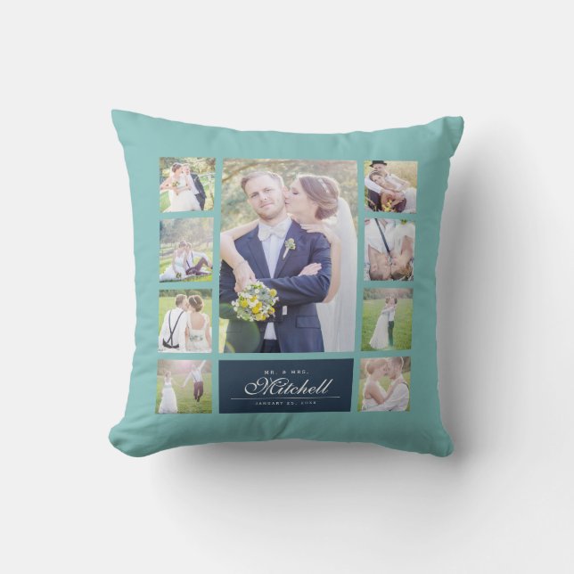 Custom Colour Elegant Script Mr & Mrs Photo Collag Cushion (Front)