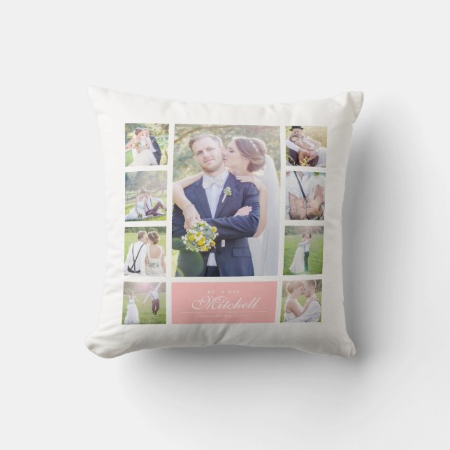 Custom Colour Elegant Script Mr & Mrs Photo Collag Cushion (Front)