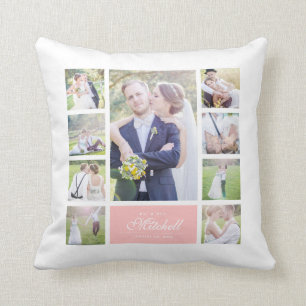 Custom Colour Elegant Script Mr & Mrs Photo Collag Cushion