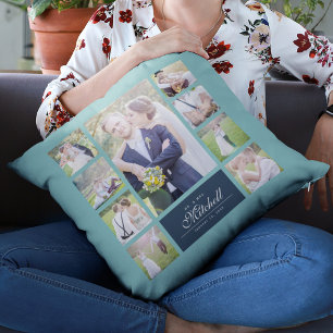 Custom Colour Elegant Script Mr & Mrs Photo Collag Cushion