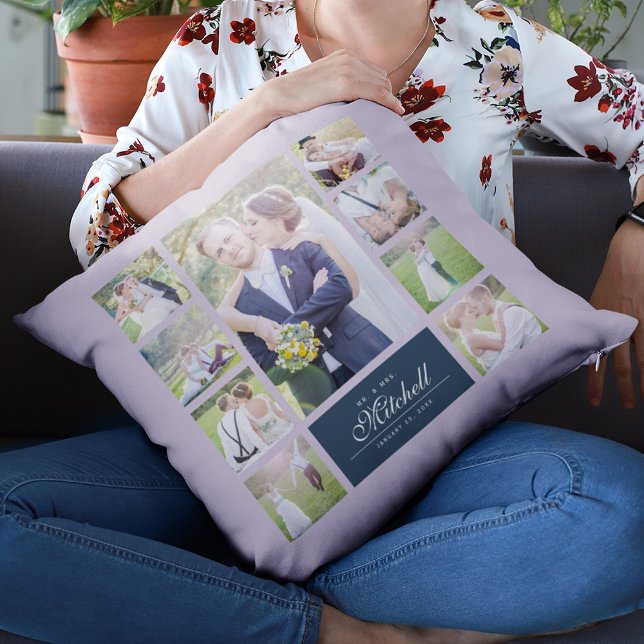 Custom Colour Elegant Script Mr & Mrs Photo Collag Cushion (Creator Uploaded)