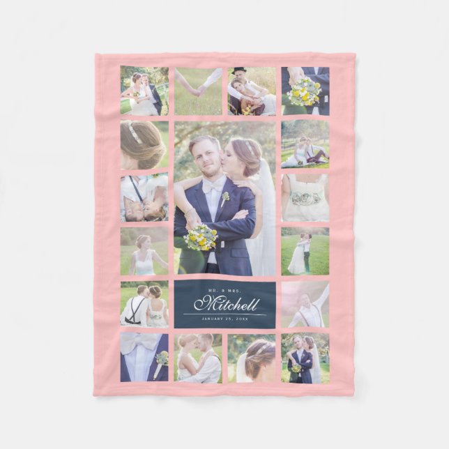 Custom Colour Elegant Script Mr & Mrs Photo Collag Fleece Blanket (Front)