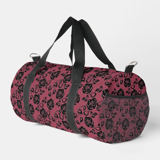 Custom Colour Faux Black Lace Fishnet Red Duffle Bag (Right Corner)