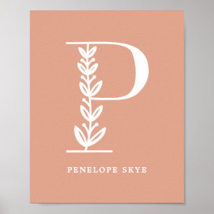 Custom Colour Floral Monogram Letter P Name Nurser Poster
