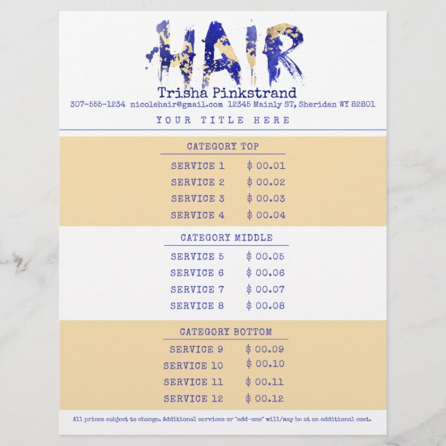 Custom colour hair stylist salon service price lis custom letterhead (Front)