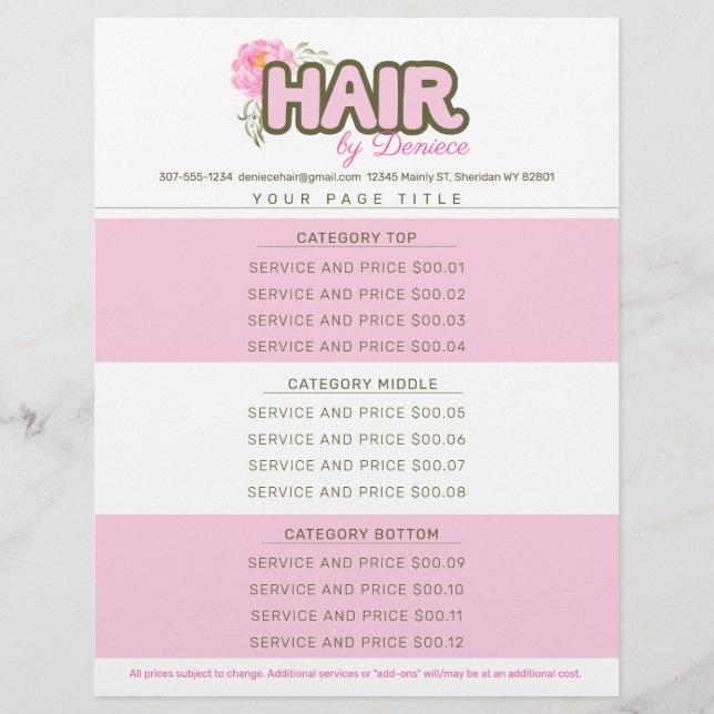 Custom colour hair stylist salon service price lis custom letterhead (Front)