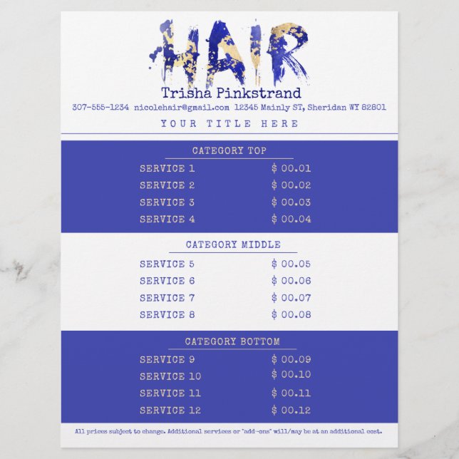 Custom colour hair stylist salon service price lis custom letterhead (Front)