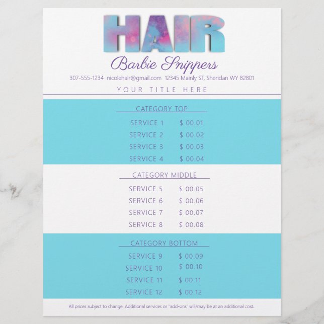 Custom colour hair stylist salon service price lis custom letterhead (Front)