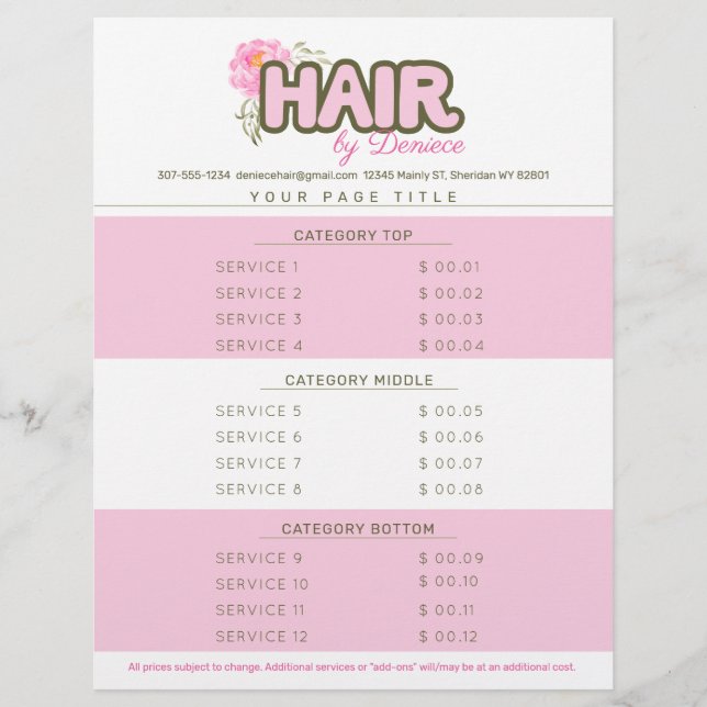 Custom colour hair stylist salon service price lis letterhead (Front)