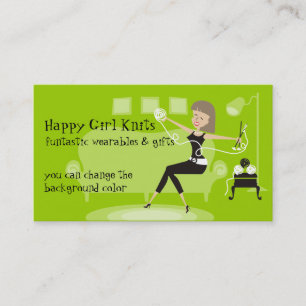 Custom colour happy girl knitting needles yarn business card