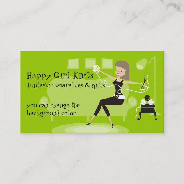 Custom colour happy girl knitting needles yarn business card (Front)