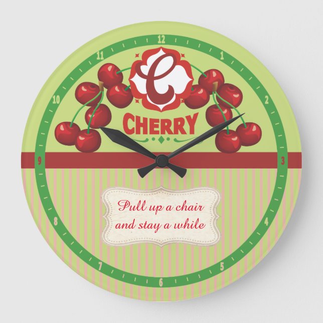 Custom colour kitchen clock vintage cherries (Front)