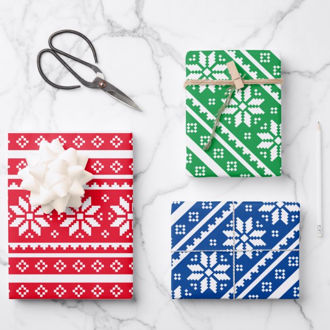 Custom colour knit snowflake pattern Christmas Wrapping Paper Sheet (Front)