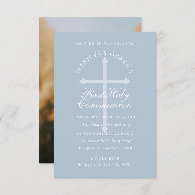 Custom Colour Light Blue Cross First Communion Invitation (Front/Back)