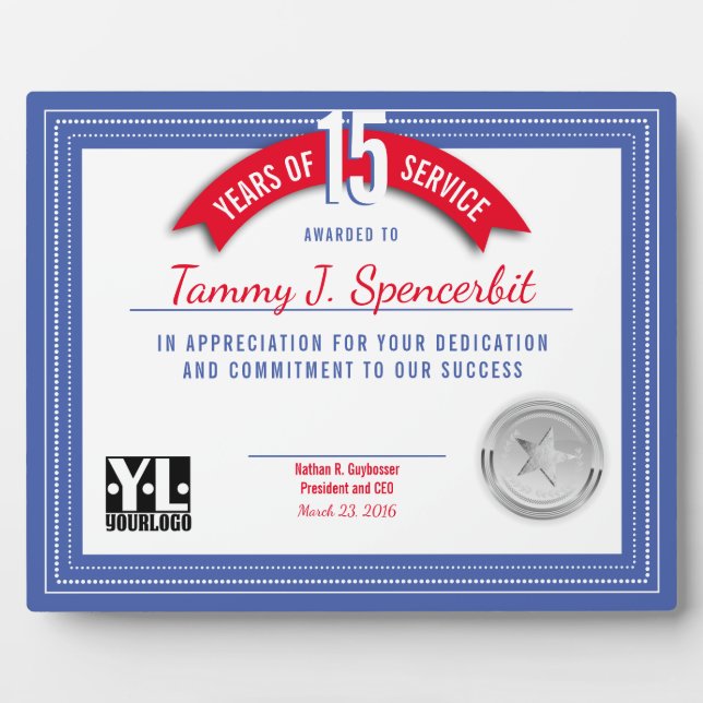 Custom colour milestone employee anniversary award plaque (Front)