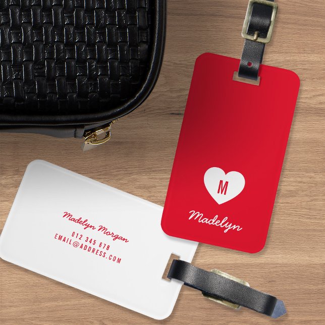 Custom Colour Monogram Heart Modern Script Luggage Tag (Creator Uploaded)