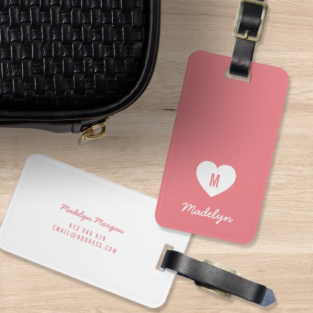 Custom Colour Monogram Heart Modern Script Luggage Tag (Creator Uploaded)