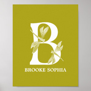 Custom Colour Monogram Letter B Dragonfly Nursery  Poster