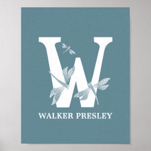 Custom Colour Monogram Letter W Dragonfly boy girl Poster