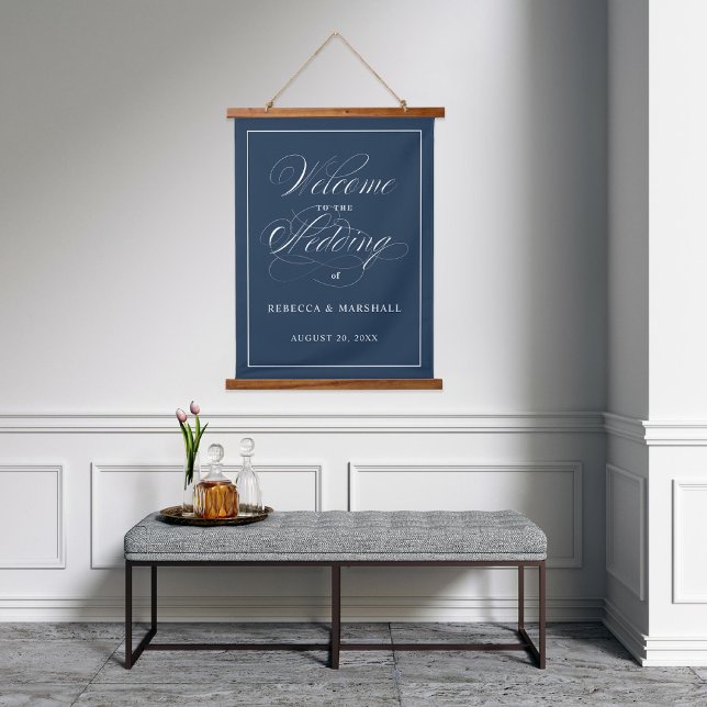 Custom Colour Navy Wedding Welcome Sign Hanging Tapestry (Creator Uploaded)