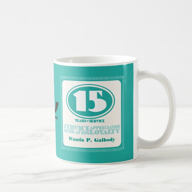 Custom colour retro 15 year employee service award coffee mug (Right)
