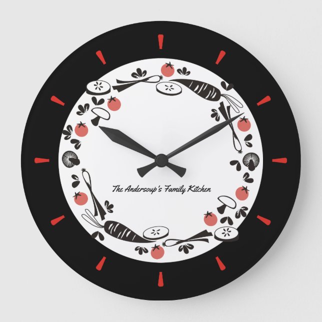 Custom colour retro vegetables kitchen clock (Front)