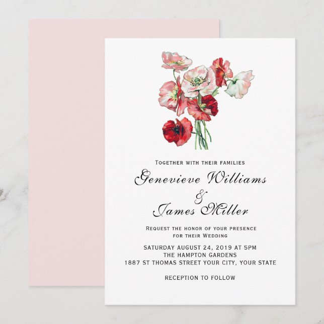 Custom Colour Romantic Red/Pink Poppies Wedding Invitation (Front/Back)