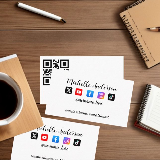 Custom colour social media icons QR code  Business Card (Colored social media icons, username, hashtags, basic contact information and QR code)
